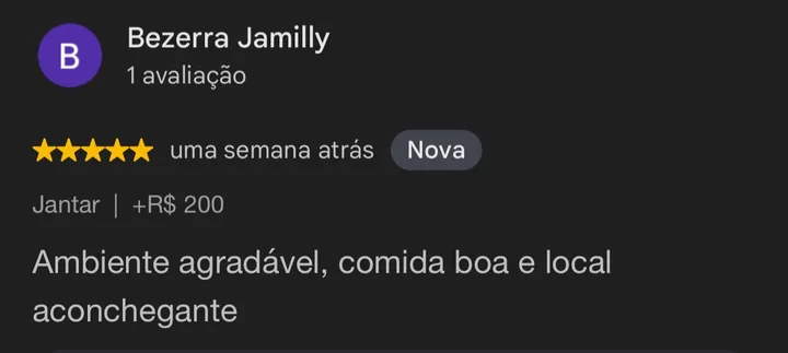 Avaliação 5 estrelas no Google de Bezerra Jamilly: Ambiente agradável, comida boa e local aconchegante.